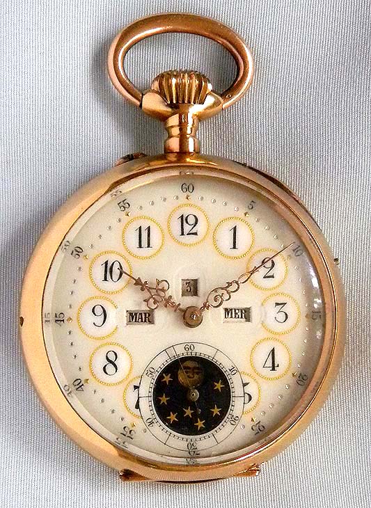   Fine Swiss 18K gold digital calendar moonphase watch circa 1890.  