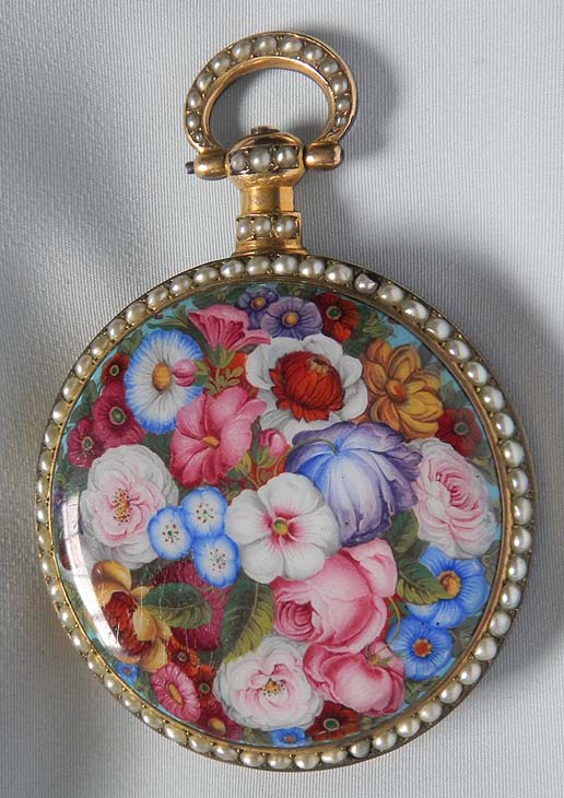   Swiss gilt, pearl and painted enamel antique pocket watch
 for the Chinese market circa 1840.   