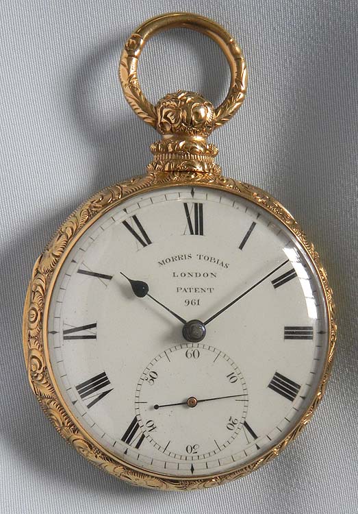  Fine English Tobias Patent Lever and fusee 18K gold antique pocket watch with compensation 
curb circa 1830.  