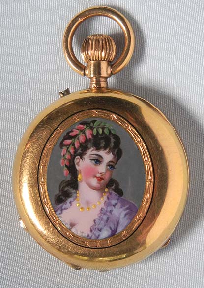 Lovely Swiss 18K gold and painted enamel ladies pendant watch